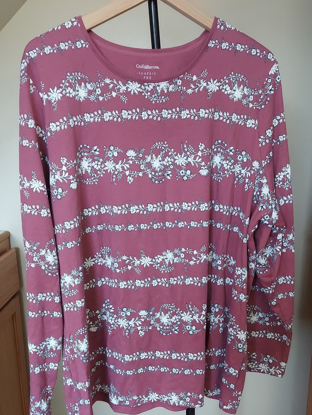 Croft & Barrow Women's Rose/mauve Floral Stripe Long-Sleeve Tee Sz 2x